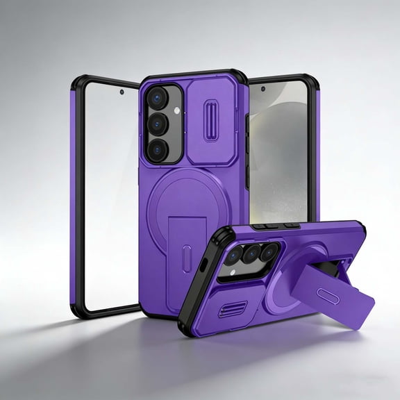 For Samsung Galaxy A26 5G Phone Case,Compatible With Mag-Safe,With Contractile Kickstand,Camera Cover,Heavy Duty Shokcproof Anti-fall Drop Protection,Non-slip Rugged Phone Case Cover,Purple