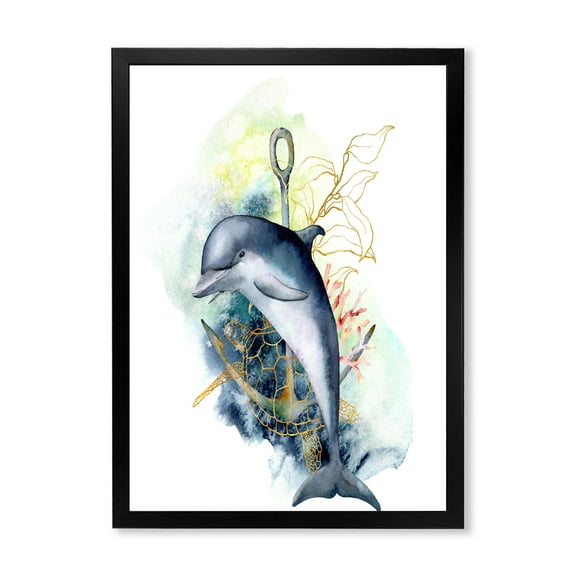 Designart 'Linear Coral Reef Plants and Dolphin Turtle Anchor' Nautical & Coastal Framed Art Print