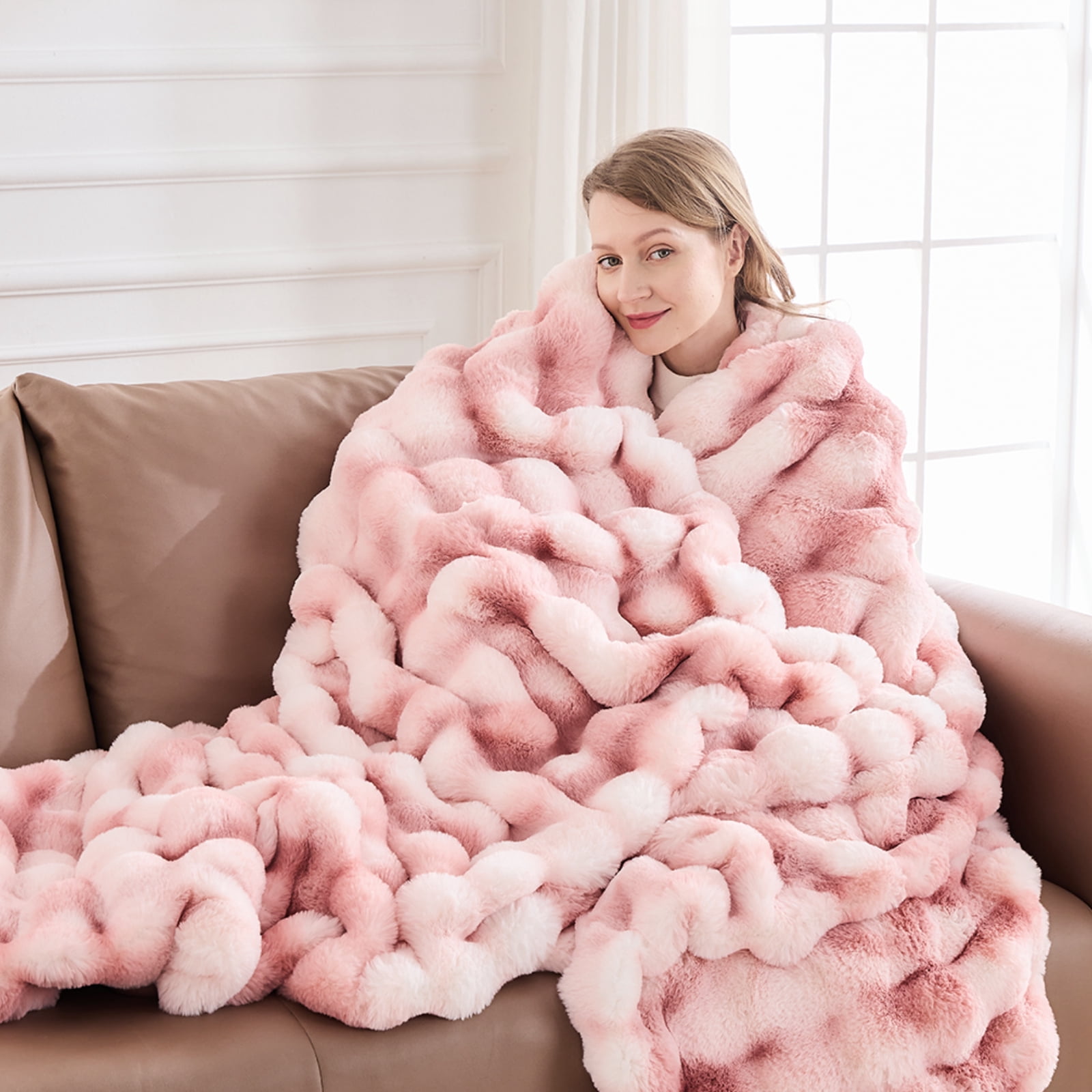GEMBED Faux Fur Throw Blanket for Couch Fuzzy Soft Plush Thick Bubble Blanket for Living Room, 60x80 inches, Tie Dye Pink