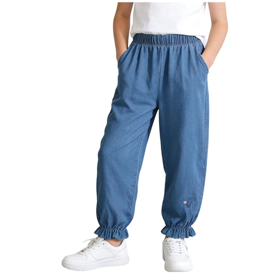 Mifsaly Girls Denim Jogger Pants Kids Cute Cinched Ruffle Ankle Jeans Elastic Waist Loose Fit Lightweight Chambray Trousers with Pockets