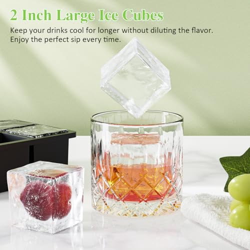 Large Whiskey Ice Cube Tray: 2-Inch Silicone Ice Mold with Lid, 3-Pack Square Cubed Tray for Cocktails, Bourbon, and Old Fashioned Drinks