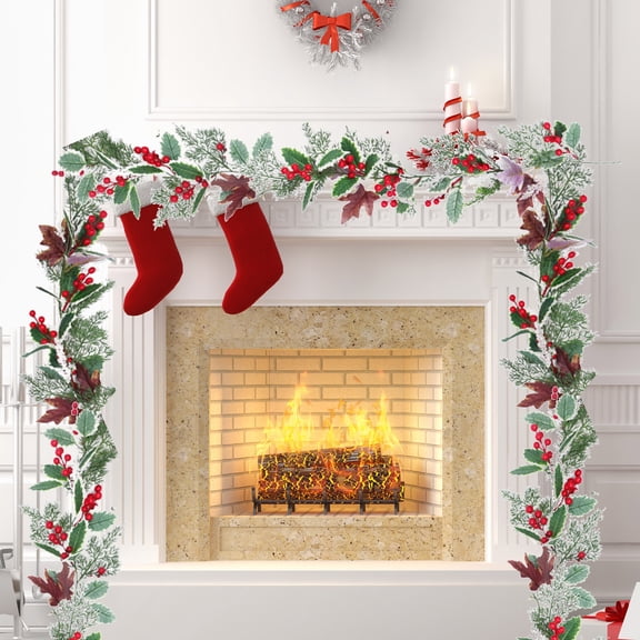 Festive Berry Red Fruit Cane Christmas Decoration - Plastic Maple Leaf Arrangement Garland for Mantel Table Centerpiece