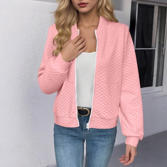 Hvyesh Women's Waffle Bomber Jacket Casual Long Sleeve Quilted Jackets Regular Fit Zip Up Work Coats Cozy Solid Color Jackets Pink