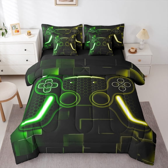 Gaming Bedding Set Yellow Green Gamer Bed In A Bag With Sheets Teen Bedroom Set,Cool Video Game Black Twin Comforter Set 7 Piece,Geometric Checkered Bed Set