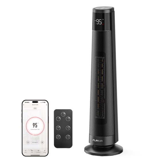 FLANUR 1500W PTC Ceramic Smart Space Heaters for Indoor Use, Portable Heater with Remote & App Control for Large Room, Office, ECO Modes, Safety Protection, 70° Oscillation, 12H Timer, Black, 1 Pack