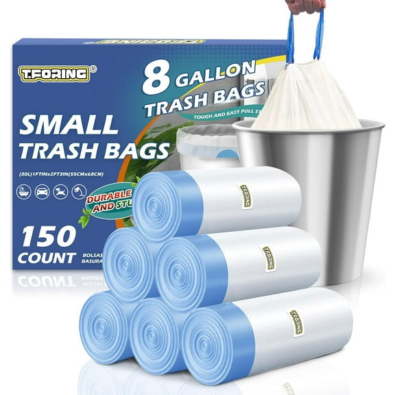 150 Count 8 Gallon Trash Bags Drawstring - 1.2 Mil Heavy Duty Medium Garbage Bags Unscented, 30 Liter Thick Plastic Trash Can Liners for Home Kitchen Bathroom