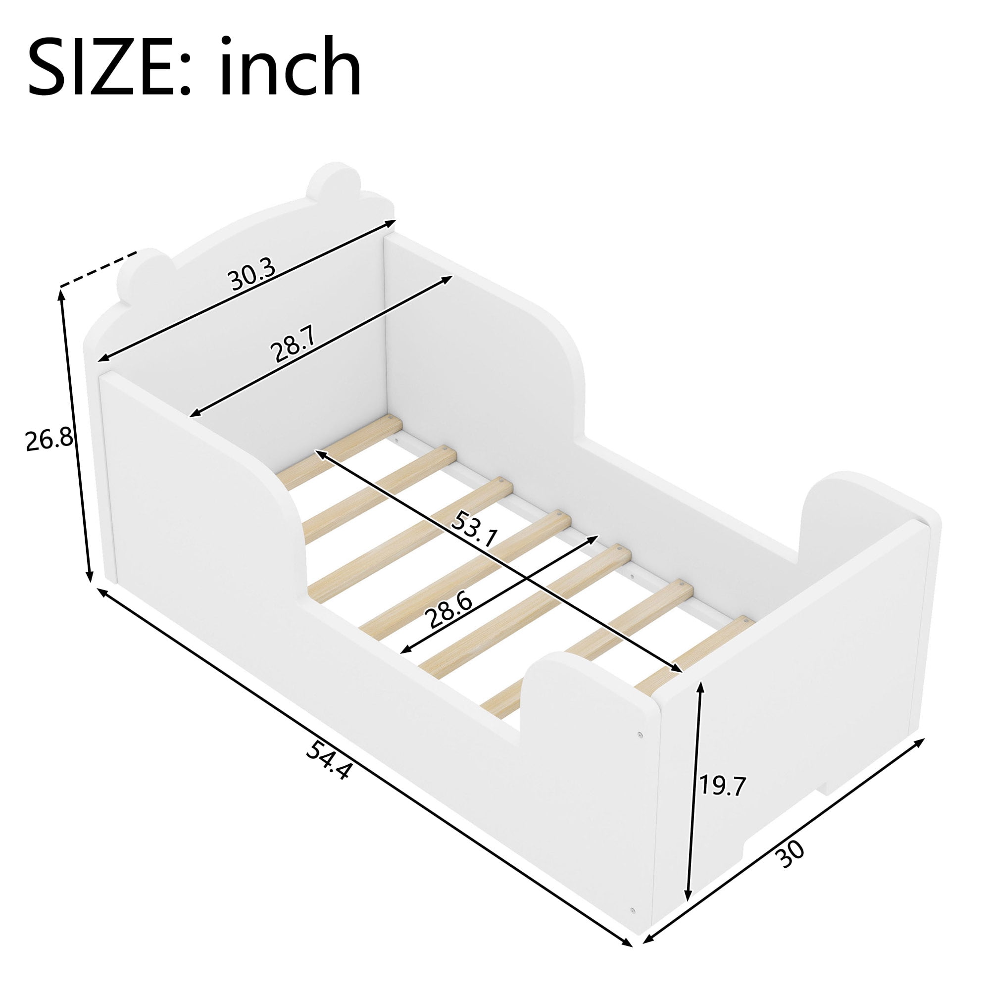 Aukfa Toddler Bed, Floor Bed Frame with Safely Rail and Bear Shape Headbroad for Kids Ages 2-6, White