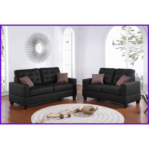 Modern 2-Piece Living Room Sofa Set - Black Faux Leather Tufted Sofa & Loveseat with Pillows