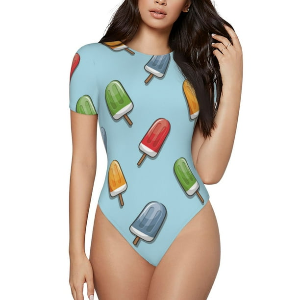 Balery Modern Ice Cream Body de cuello redondo de manga corta para mujer Tops de manga corta Tops básicos-Medium