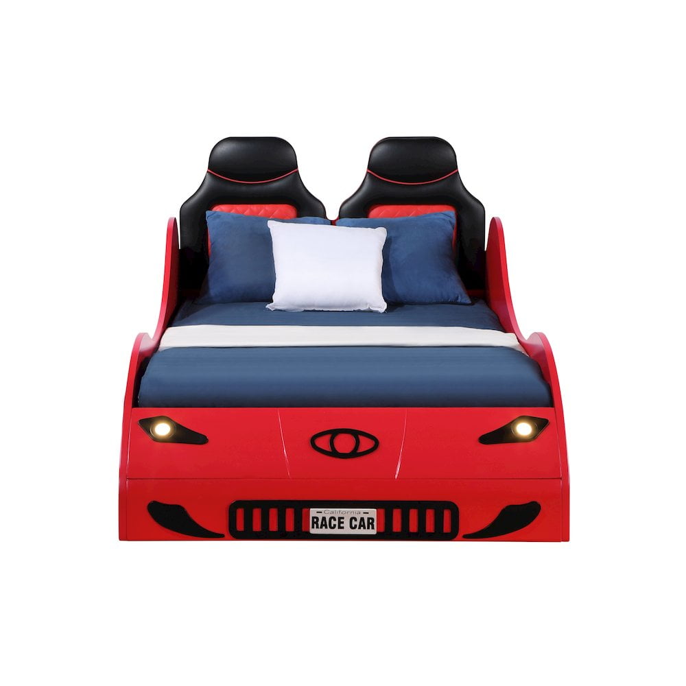 ACME Colen Transitional Pine Wood & Leather Upholstered Twin Car Bed in Red