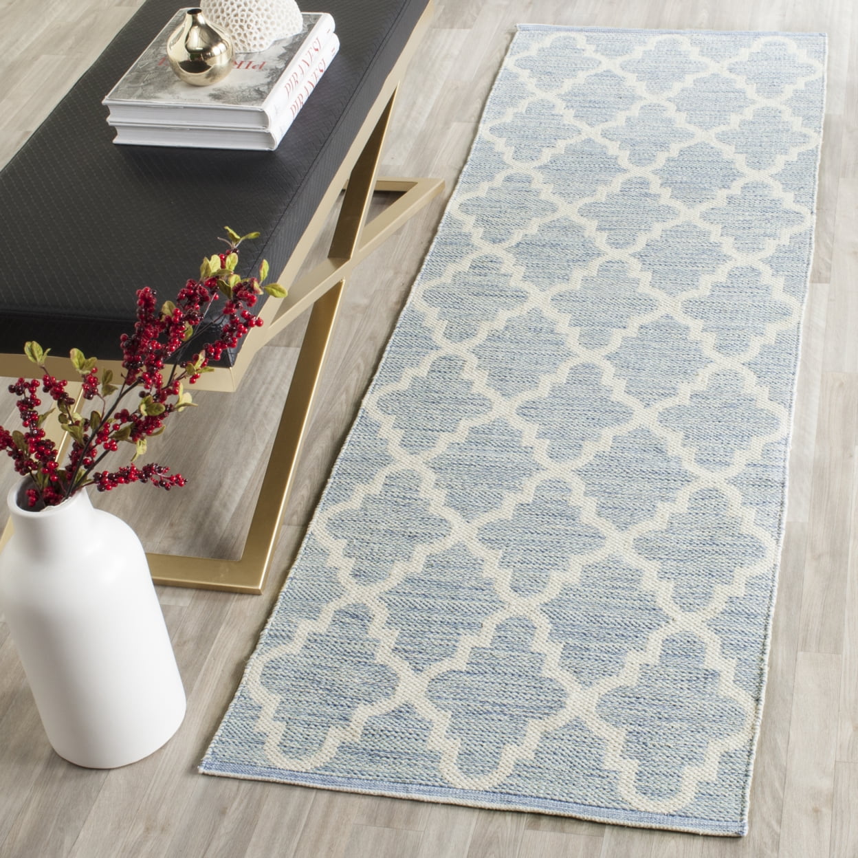 SAFAVIEH Montauk Crispian Geometric Quatrefoils Cotton Area Rug, Light Blue/Ivory, 11' x 15'
