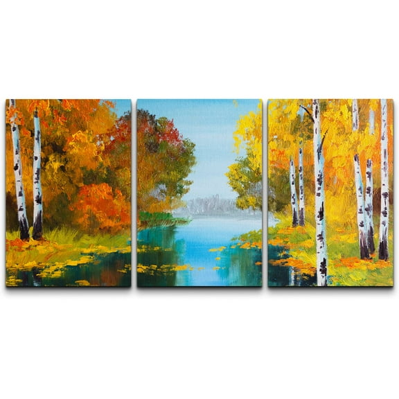 wall26 Framed Wall Art Print Set Autumn Birch Tree Forest Near River Nature Wilderness Illustrations Modern Art Chic Scenic Colorful Multicolor for Living Room, Bedroom, Office - 16"x24"x3