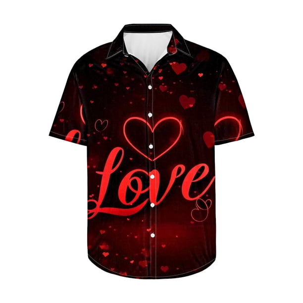 Camisas de Manga Larga para Hombres Día de San Valentín Impreso Botón Solapa, Camisa de Manga Corta Casual para Regalos