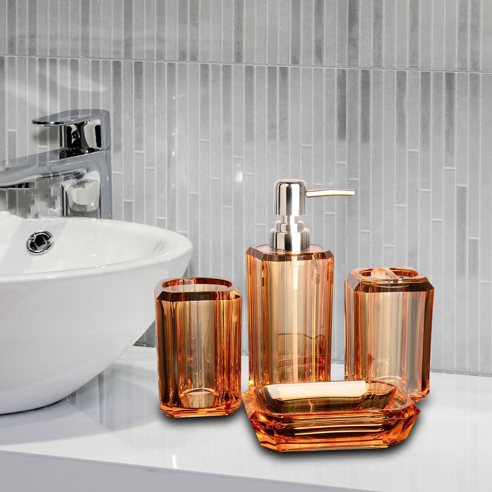 FashionCha 4 Bath Accessory Soap Dispenser Clear Lotion Bottle Vanity Accessory Set Toilet Light Brown