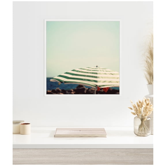 Kate and Laurel Framed Canvas Wall Art Print Under the Umbrella by Laura Evans, 22 x 22 Sylvie White Frame, Coastal, Beach Art for Wall Decor