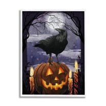 Stupell Industries Spooky Halloween Night Sky Crow Jack-o'-lantern Full Moon, 11 x 14, Design by Grace Popp