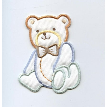 Boy Needlepoint - Children's Boy Bear - Puffy - Pastel - Iron On Embroidered Applique Patch