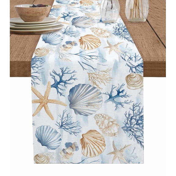 Coastal Blue Table Runner 48 Inches, Coral Starfish Seashells Beach Summer Bed Runner Dresser Scarves Tabletop for Indoor Outdoor Parties/Ceremony/Banquet, 13" x 48"