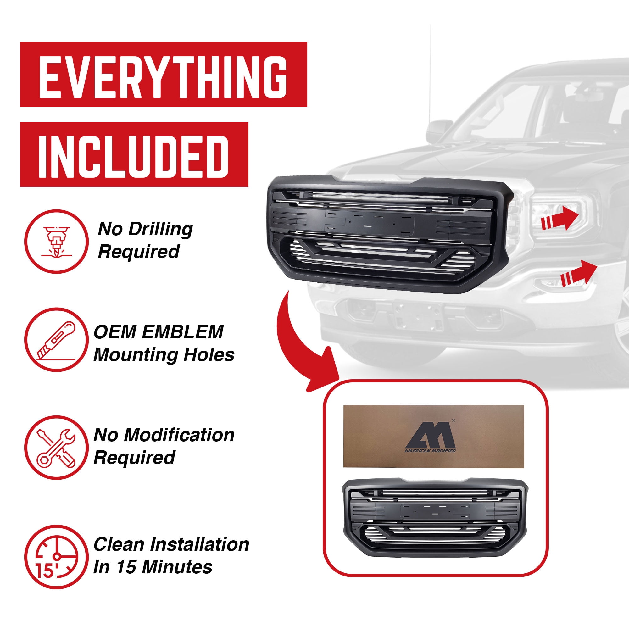 AMERICAN MODIFIED Armor Grille for 2016-2018 GMC Sierra 1500, Matte Black