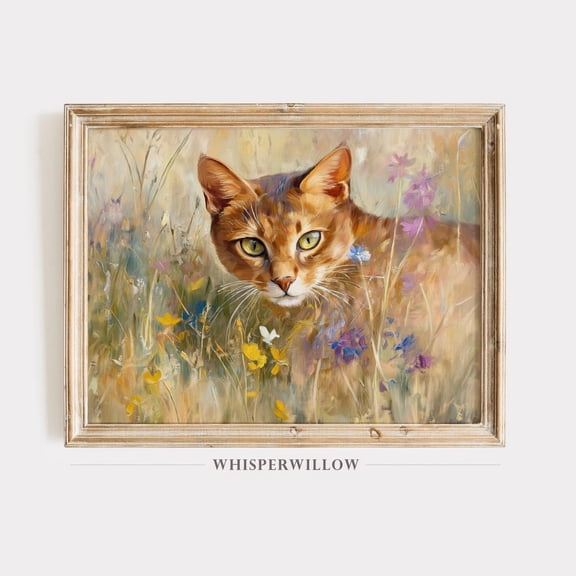 Abyssinian Cat in Meadow,, Elegant Pet and Animal Artwork, Unique Feline, Vibrant Wildflower Decor Unframed Paper Print