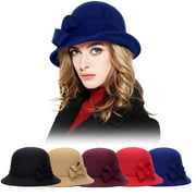 Sunjoy Tech Women Solid Color Winter Hat Faux Wool Cloche Bucket Wide Brim Hat with Bow Accent