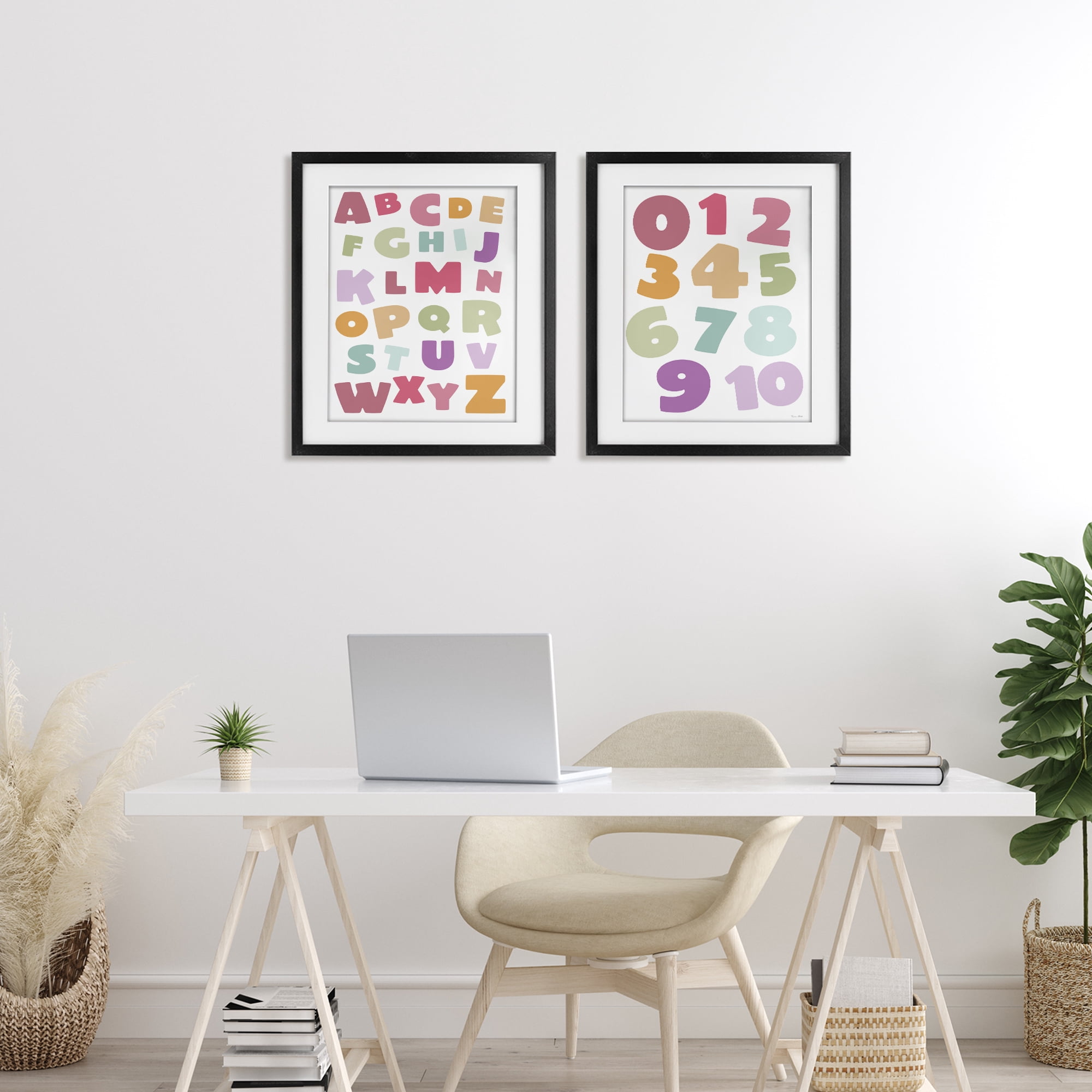 Stupell Industries Muted Letters & Numbers Educational 2 Piece Black Framed Print Under Glass Set, design by Susan Ball