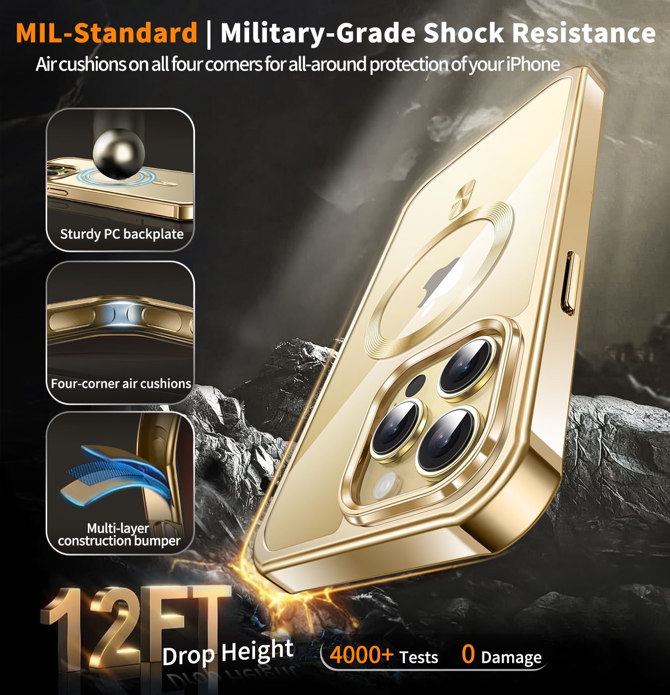 JETeacka iPhone 14 Pro Case(6.1") MagSafe Compatible Full Body Rugged Built-in Touch Sensitive Screen Protector Anti-Scratch Clear Case, Luxury Gold