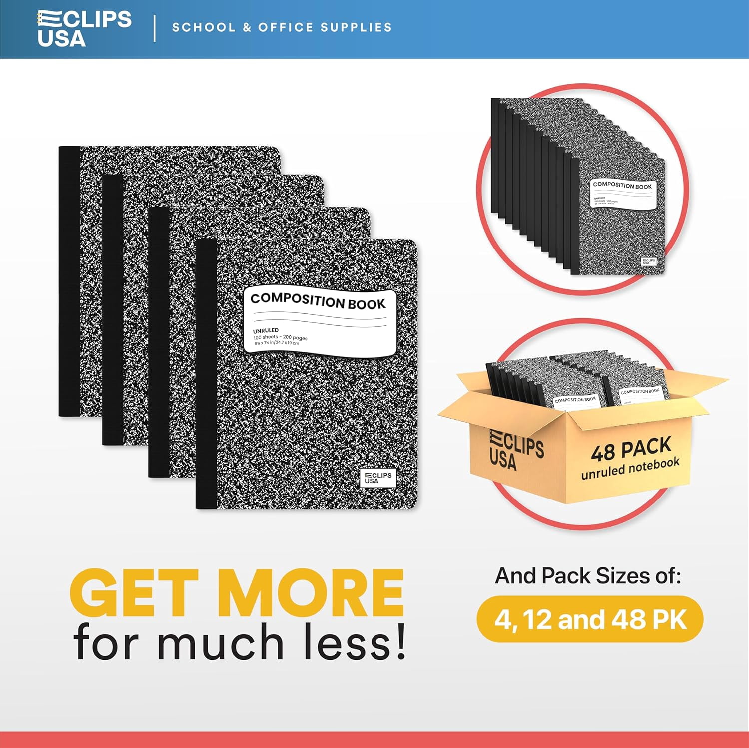 E-Clips USA 100-Sheet Unruled Hard Cover Composition Notebooks, Marble, 48-Pack Bulk