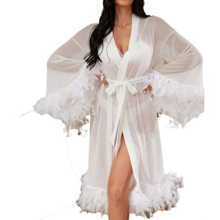 

Sexy Sheer Long Sleeve Sleepwear White Women s Robes