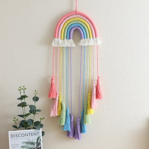 1pcs Hand-Woven Rainbow Dreamcatcher Rainbow Dreamcatcher Wall Hanging, Multicolor with Pink Tassels