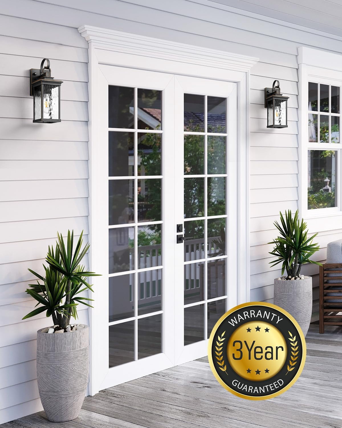 VIANIS Dusk to Dawn Outdoor Wall Lantern, Black Exterior Light Fixtures, Porch Light Wall Mount Lamps Outside Wall Lights for House, Garage Lights Outdoor Wall Sconce Lanterns with Water Ripple Glass