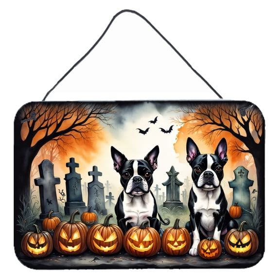 Boston Terrier Spooky Halloween Wall or Door Hanging Prints 8 in x 12 in