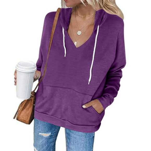 Fartey Oversized Fleece Hoodies for Women Elegant V Neck Long Sleeve Sweatshirts with Pockets Fashion Simple Solid Color Drawstring Hooded Pullover Tops
