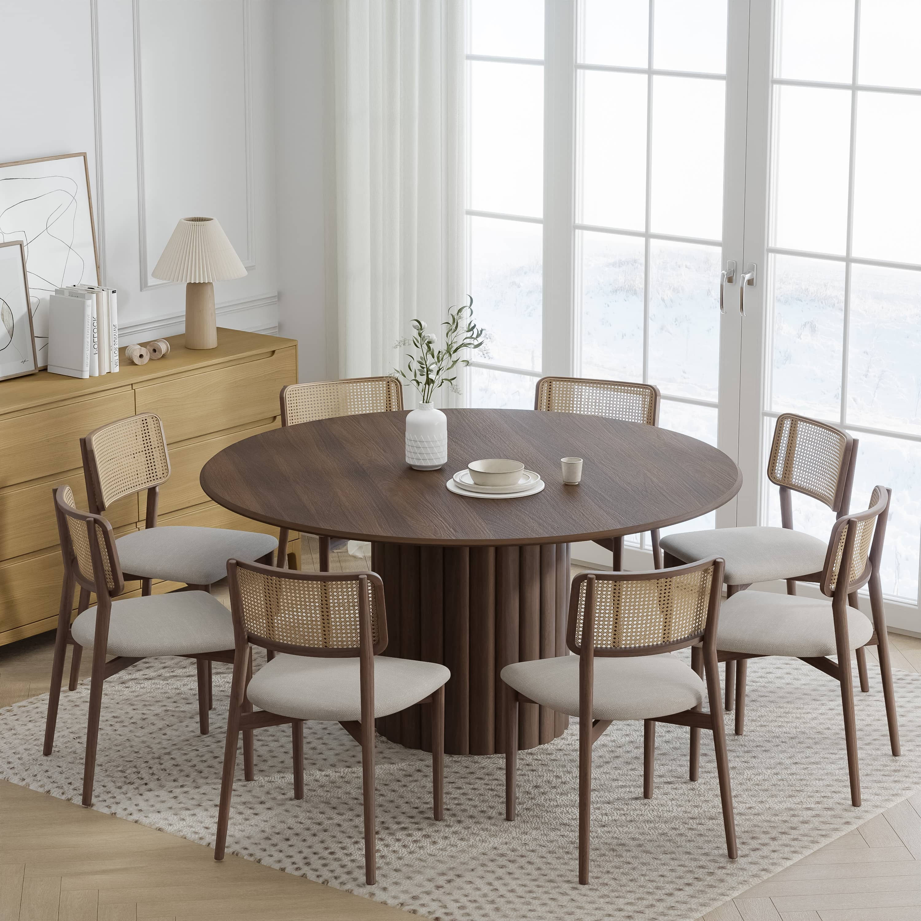 MAYEERTY 60" Round Dining Tables Mid-Century Kitchen Table for Dining Room, Walnut