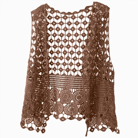 COMVALUE Womens Floral Crochet Lace Boho Trim Sleeveless Open Front Vest Cardigan (Coffee, One Size)