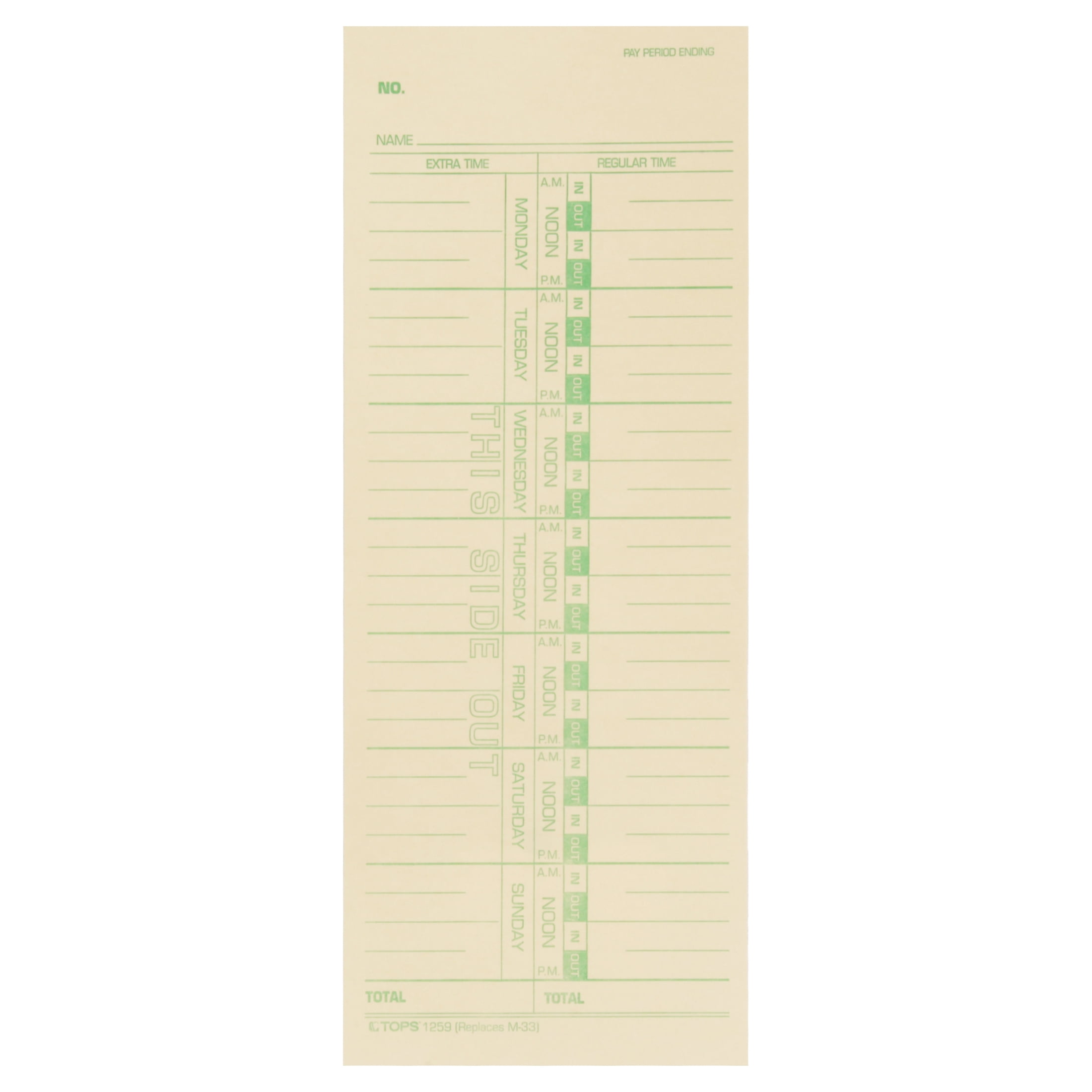 Weekly Tops Time Cards Green Print 3-1/2 x 9 Manila 1259 500-Count 1-Sided 