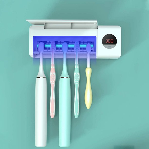 Desinfectante para cepillos de dientes, soporte para cepillos de dientes de baño montado en la pared con función esterilizadora, carga de 2000 mAh, función de sincronización, organizador de cepillos de dientes para mujeres y bebés (blanco) brillar Electrónica