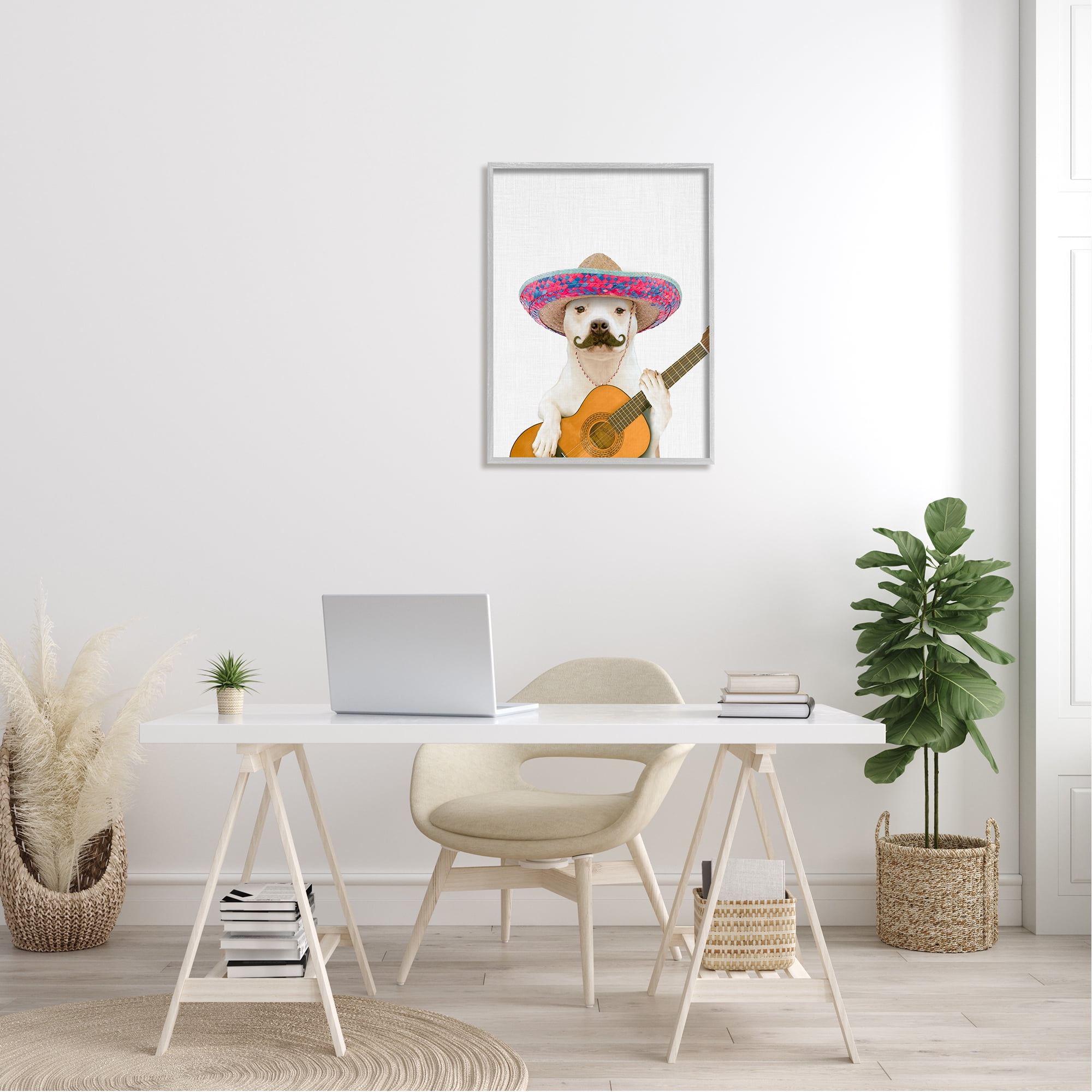 Stupell Industries White Pit Bull Dog Playing Guitar Mustache Sombrero Framed Wall Art, 24 x 30, Design by Tai Prints
