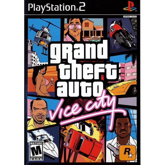 grand theft auto vice city game ps2 2k games ps2 carátula ochentera con logo grande 'grand theft auto' y texto rosa 'vice city', collage que muestra motocicleta, helicóptero, lancha, auto deportivo, personaje con camisa hawaiana y edificios tropicales; sugiere juego de acción y mundo abierto.