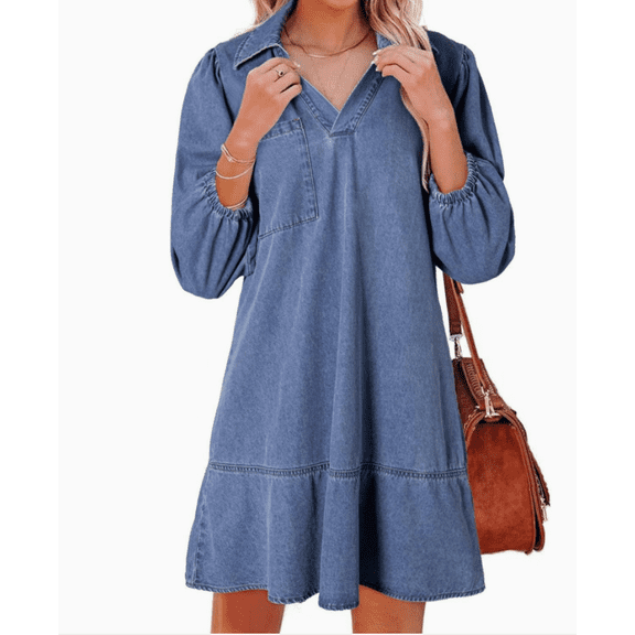 Denim Dress for Women Summer Casual Babydoll V Neck 3/4 Puff Sleeve Jean Dresses