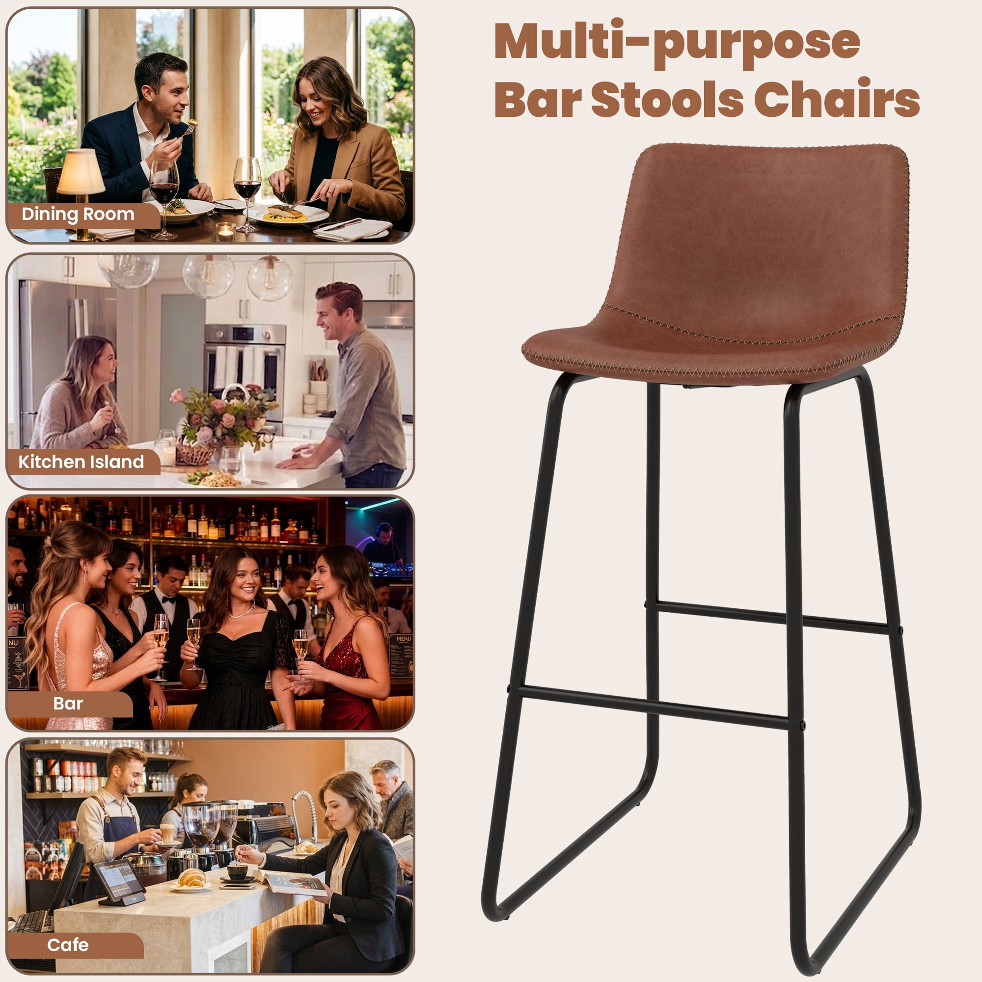 Aufeile 30" Counter Height Bar Stools Set of 3 – Modern Faux Leather Barstools with Back & Metal Legs, Kitchen Bar Chairs for Island, Dining Room, Dark Brown