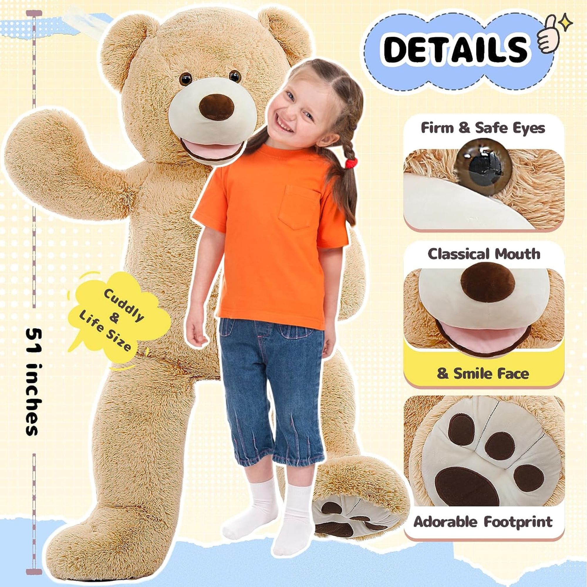 MorisMos Jumbo Teddy Bear 51'' Giant Stuffed Animal with Footprints ...