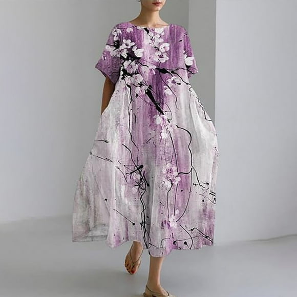 Hamky Tshirt Dress Maxi Dress Short Sleeve Dress Womens Plus Size Oversized Baggy Boho Floral Cotton Maxi Dresses Flowy Casual Loose Long Dress Modest Dresses Dresses for Women Purple Dress 4XL