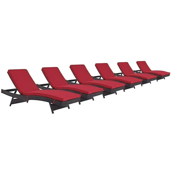 Pemberly Row Modern Rattan Outdoor Chaise in Espresso/Red (Set of 6)