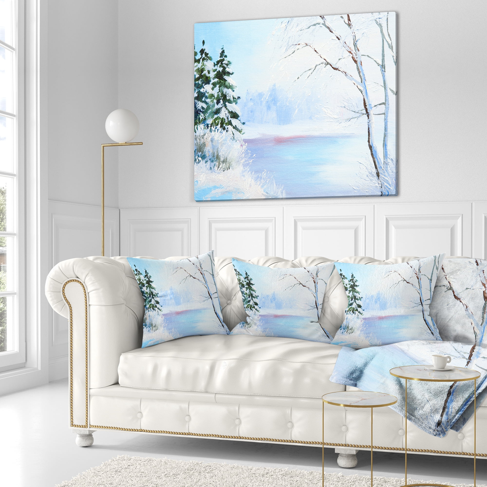 Designart Frozen River Oil Painting - Landscape Painting Throw Pillow - 18x18