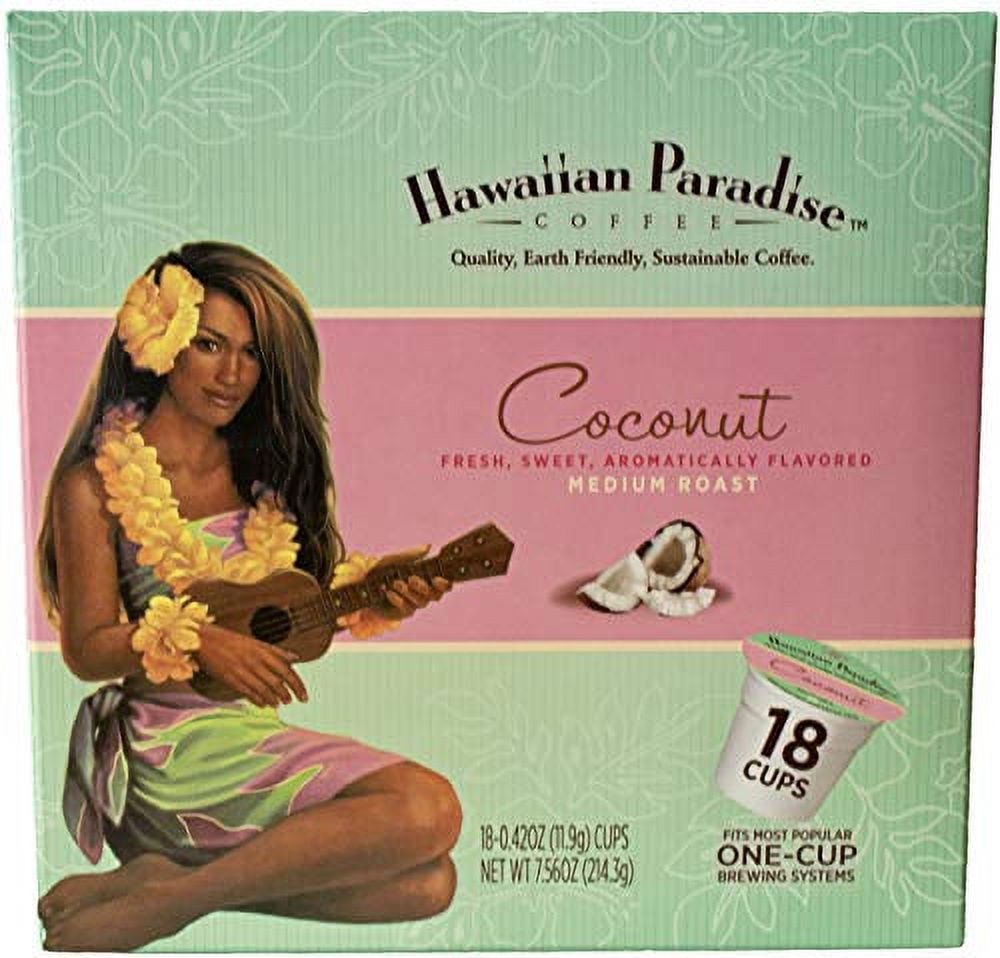 Hawaiian Paradise Coffee Coconut 18 Count Single Serve Cups - 100% Arabica Coffee - Medium Roast, Compatible with Keurig K-Cup Brewers.