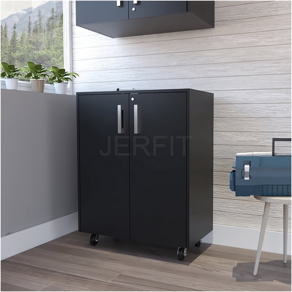 JERFIT 27.5 Inch Rolling Base Cabinet with Lock, Double Door Storage Organizer with Shelves & Casters, Black Particle Board Utility Cabinet