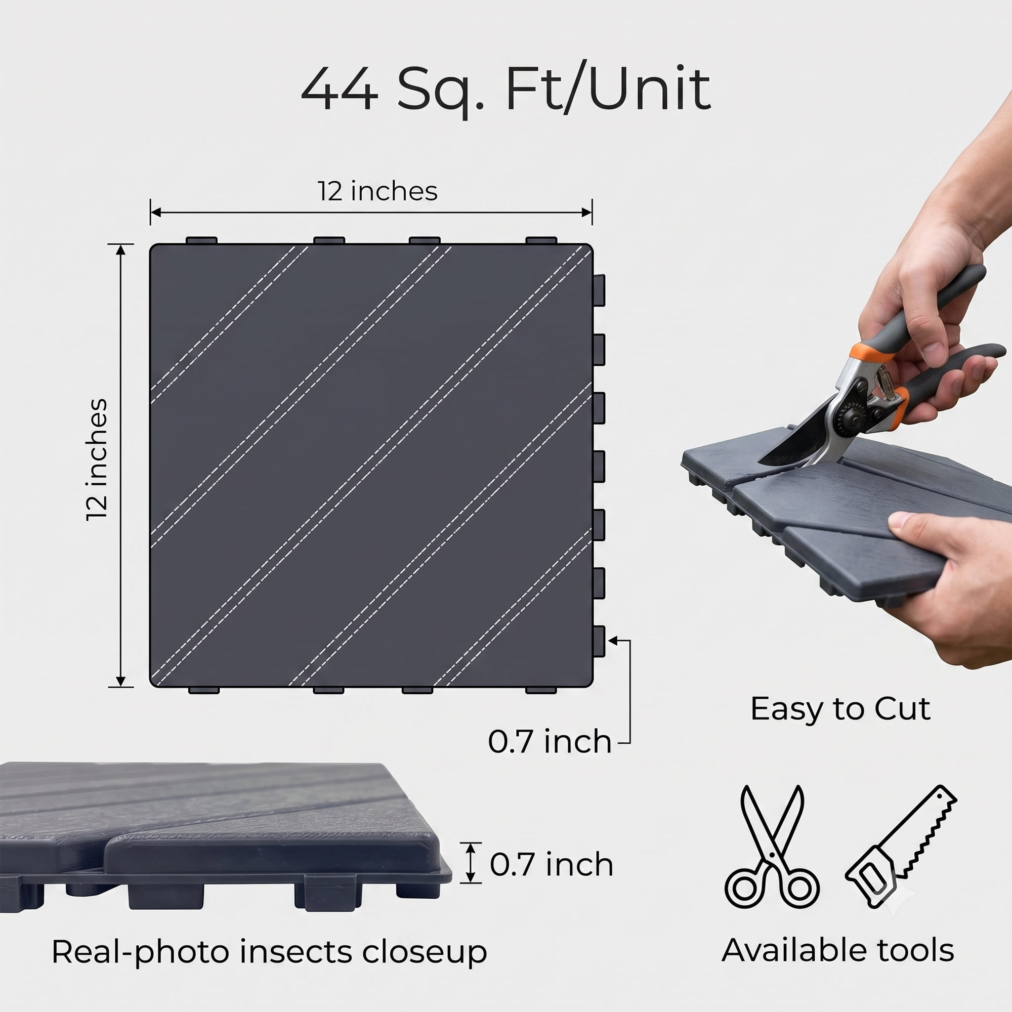 Interlocking Deck Tiles 12x12 in, Waterproof Non-Slip Outdoor Patio Flooring with Drainage Design, Snap Together Tiles for Poolside Porch Garden Backyard, Gray, 44pcs