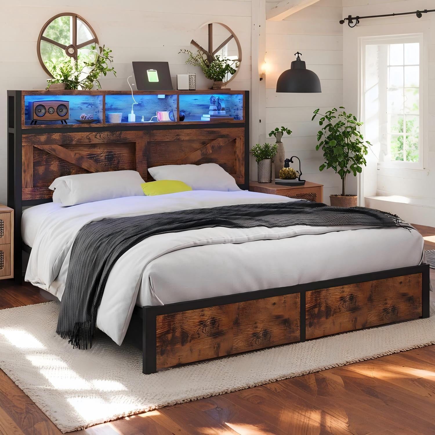 NHIXSOM Farmhouse Queen Bed Frame with LED Headboard, Charging Station and Storage Drawers, Farmhouse Style, Easy Assembly, Brown