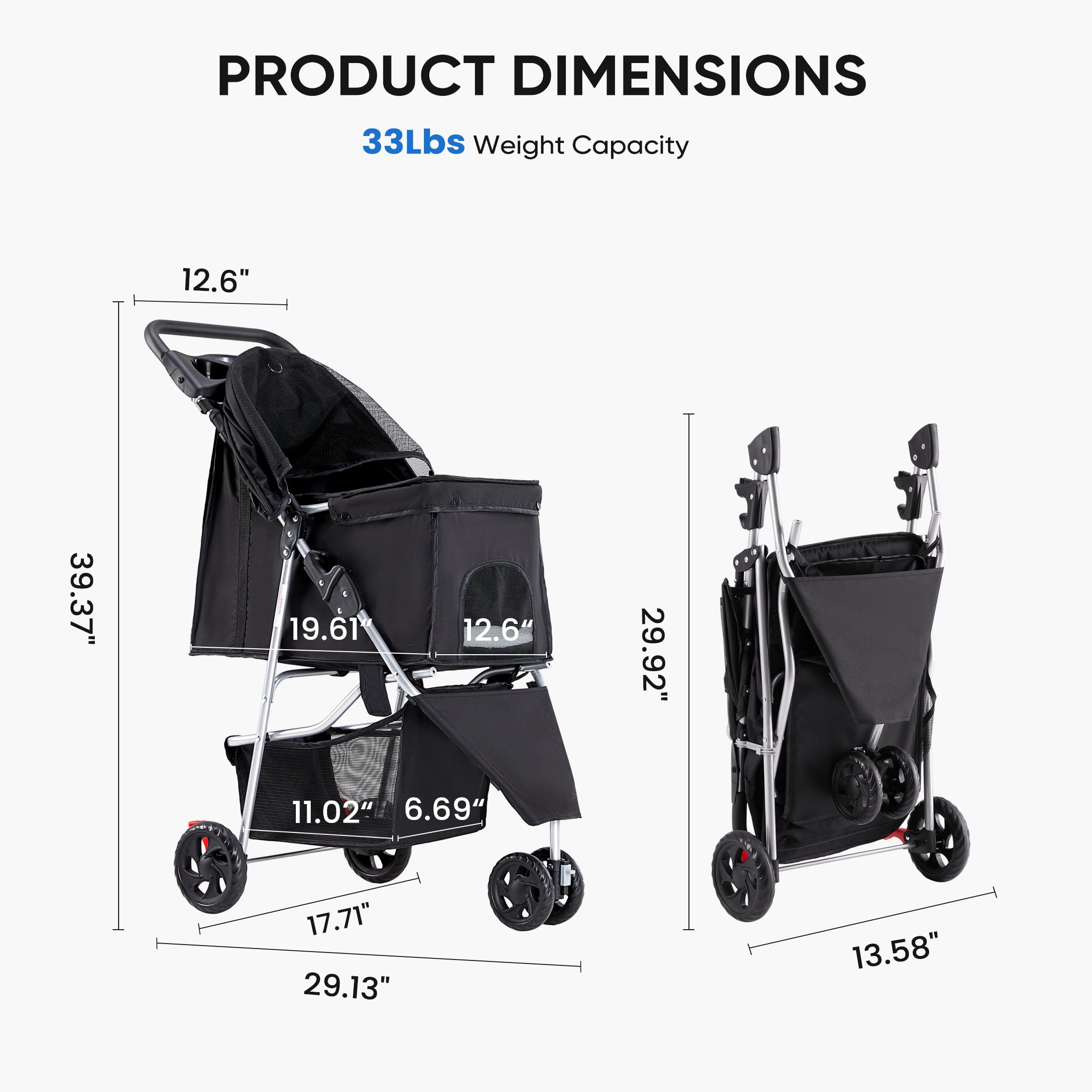 edx 3 Wheels Pet Stroller, Dog and Cat Strollers, With Storage Basket and Cup Holder, Lightweight Travel Carrier, Breathable Mesh, Waterproof and Foldable for Small Pets Outdoor Walk, Black